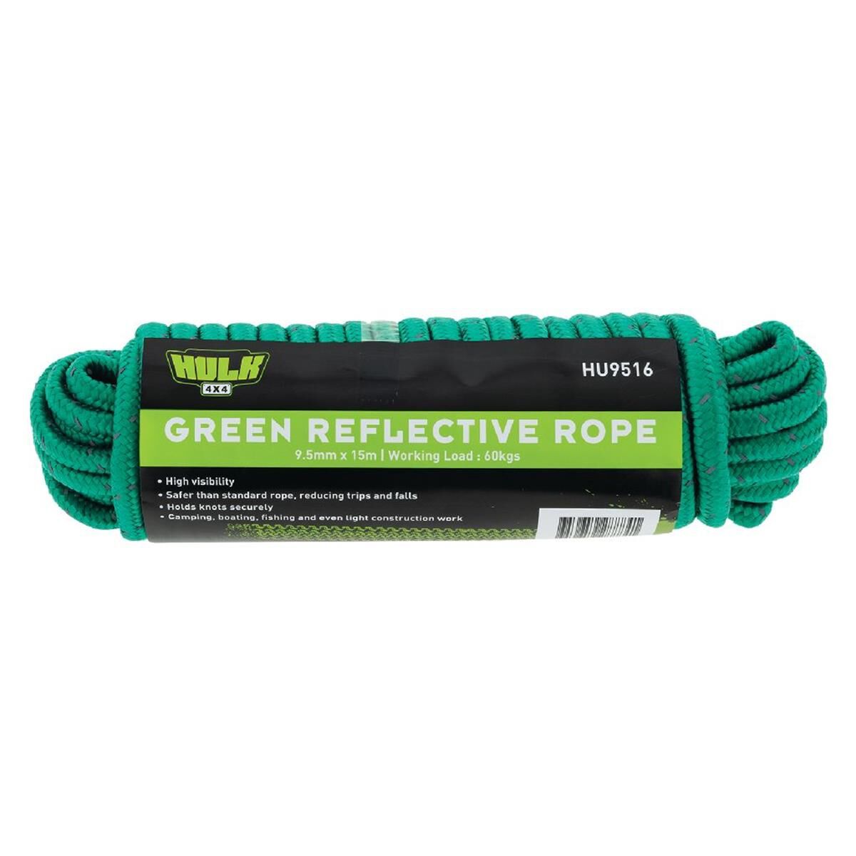 15 METRE GREEN ROPE WITH REFLECTIVE WEAVE WORKING LOAD 60KGS HULK, , scaau_hi-res