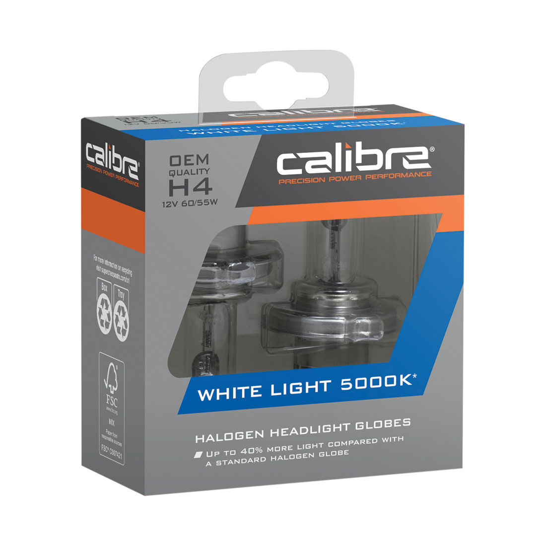 Calibre White Light 5000K Headlight Globes - H4, 12V 60/55W, CA5000H4, , scaau_hi-res