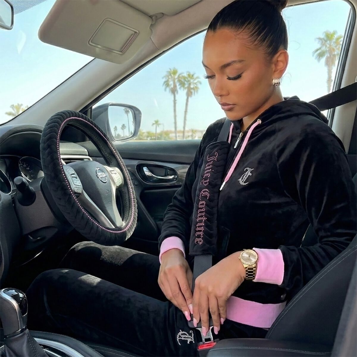 Juicy Couture Juicy Bling Steering Wheel Cover & Seat Belt Comforters Combo - Black/Purple, , scaau_hi-res