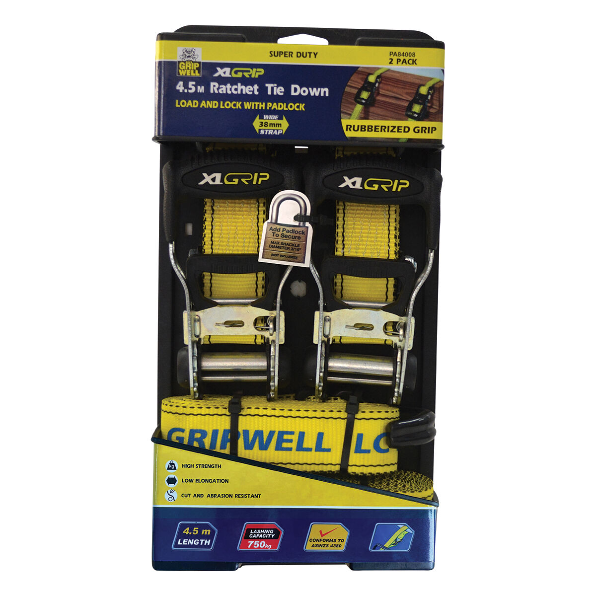 Gripwell Ratchet Tie Down - 4.5m, 750kg, 2 Pack, , scaau_hi-res