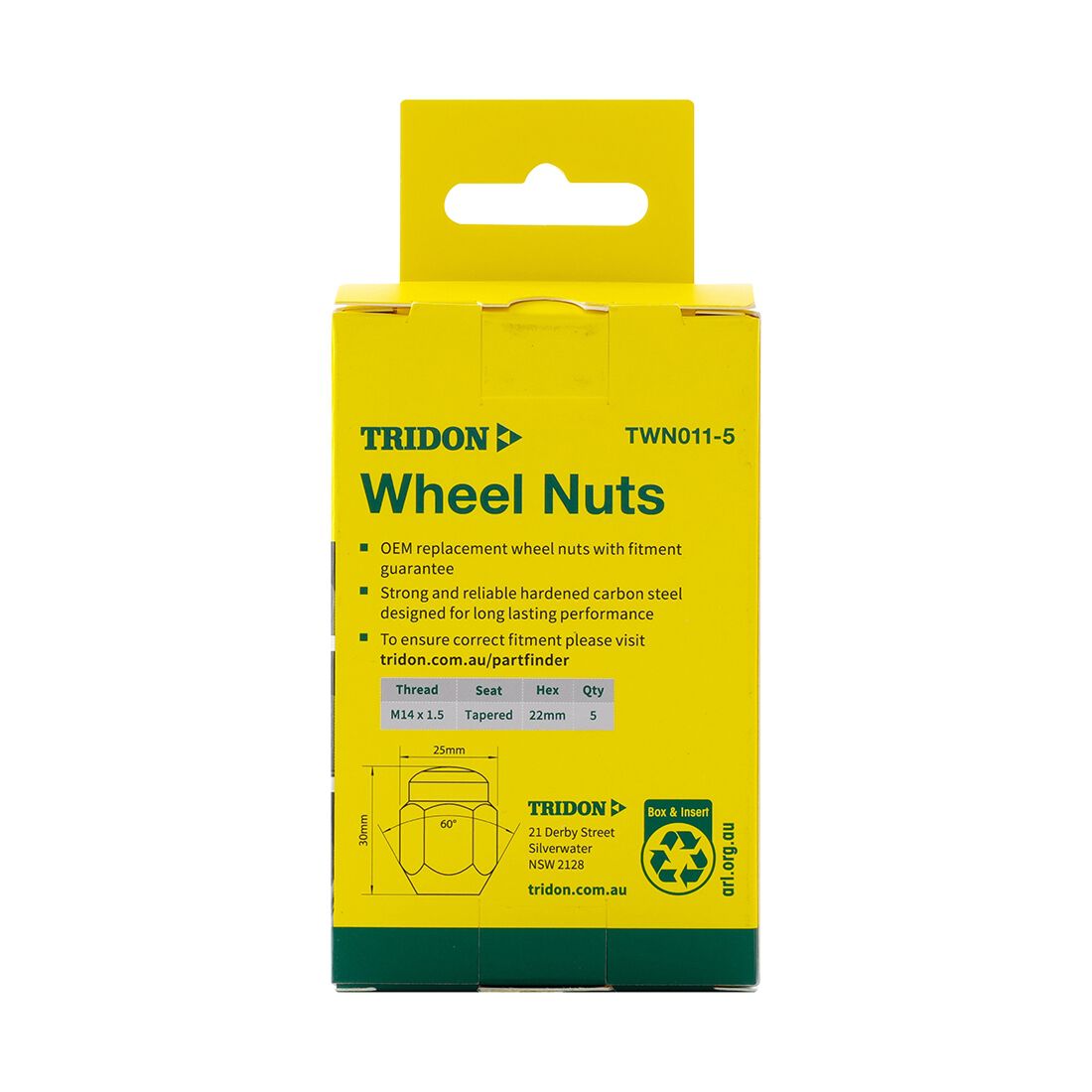 Tridon Wheel Nuts M14x1.5. Tapered Seat. 22mm Hex - 5 Pack, , scaau_hi-res
