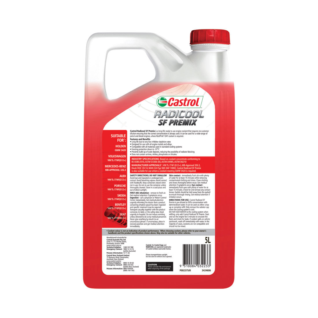 Castrol Red Radicool Ready To Use Coolant SF Premix - 5 Litres, , scaau_hi-res