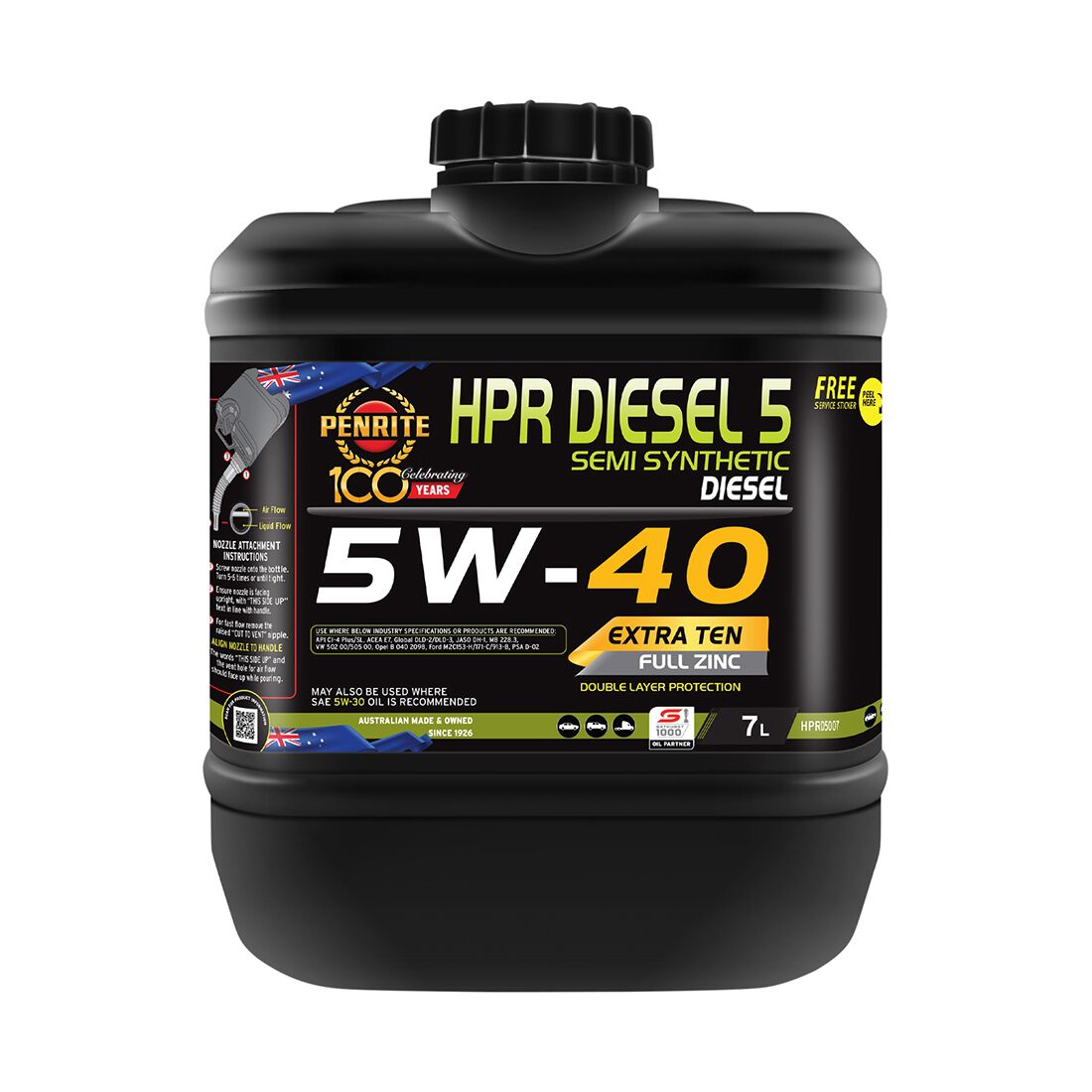 Penrite HPR Diesel 5 Engine Oil - 5W-40, 7 Litre, , scaau_hi-res