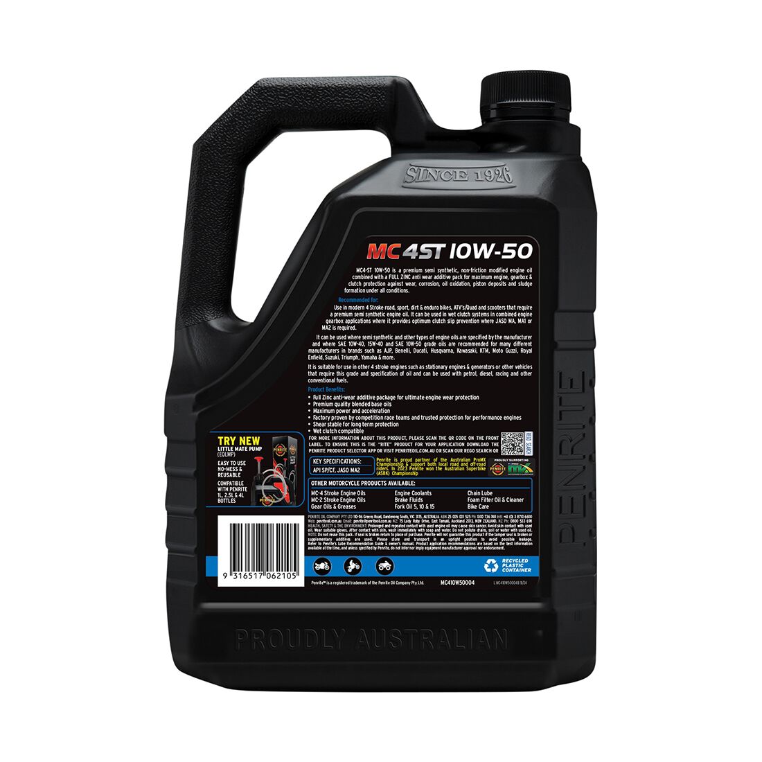 Penrite MC-4 Semi Synthetic Motorcycle Oil - 10W-50, 4 Litre, , scaau_hi-res