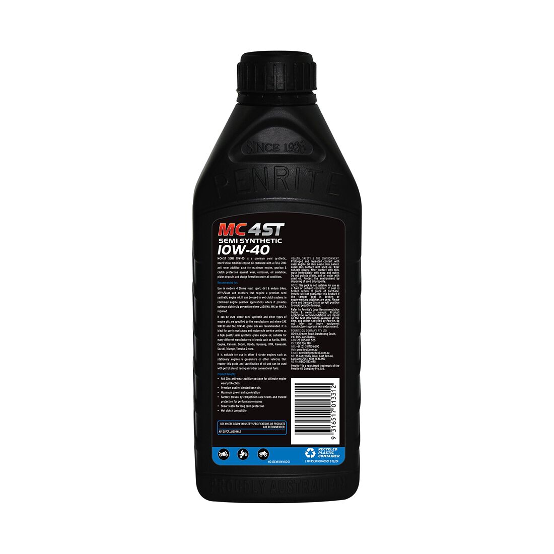 Penrite MC-4ST Semi Synthetic Motorcycle Oil 10W-40 1 Litre, , scaau_hi-res