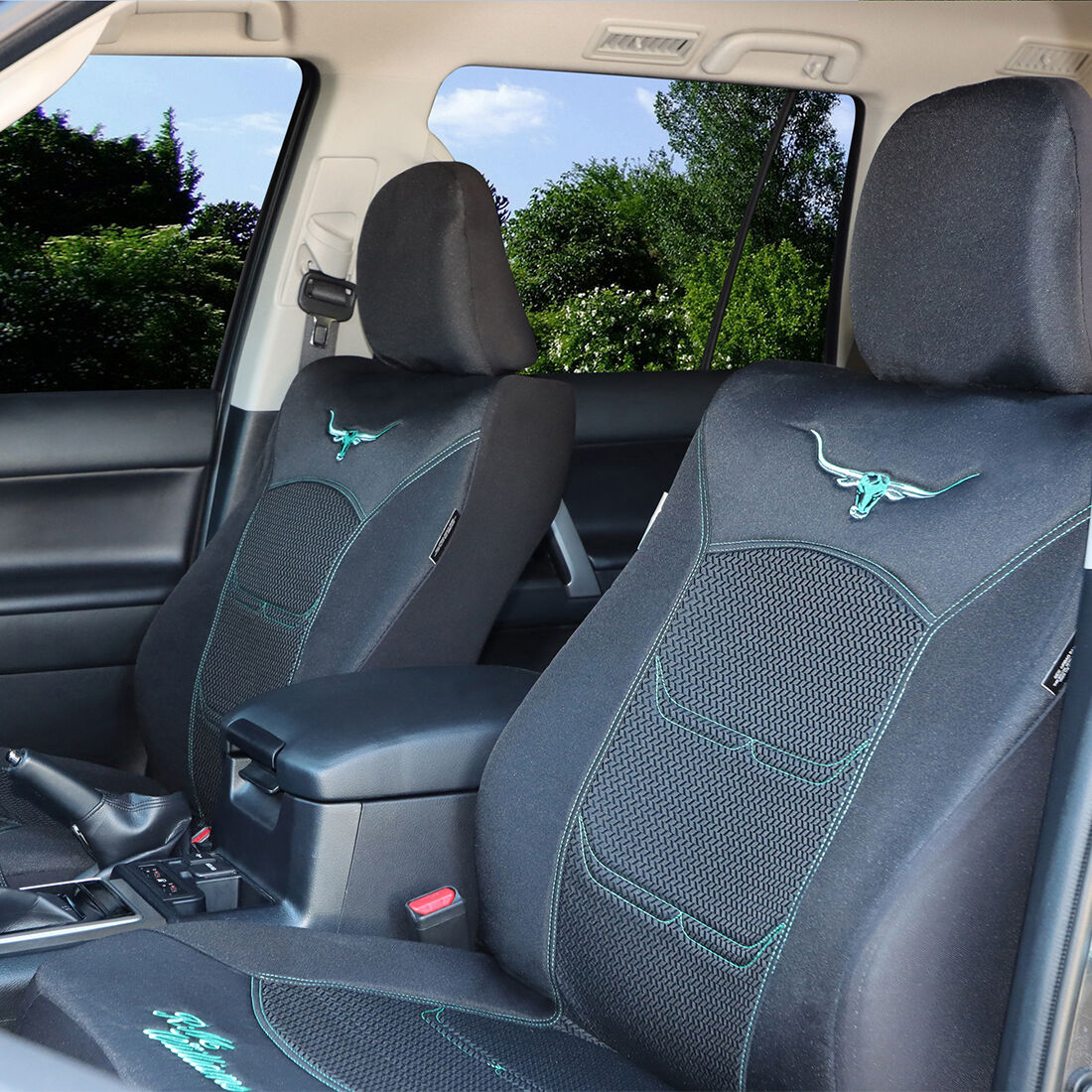 R.M.Williams Aqua Jacquard Seat Covers Black/Aqua Adjustable Headrests Airbag Compatible, , scaau_hi-res