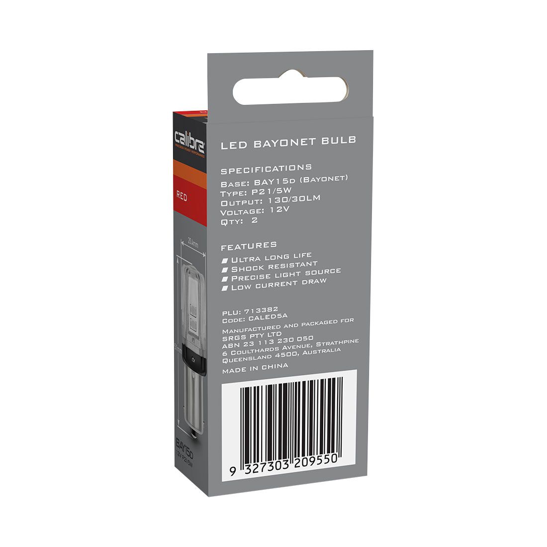 Calibre Automotive Globes - LED Red Bayonet 12V, P21/5W, BAY15D, , scaau_hi-res