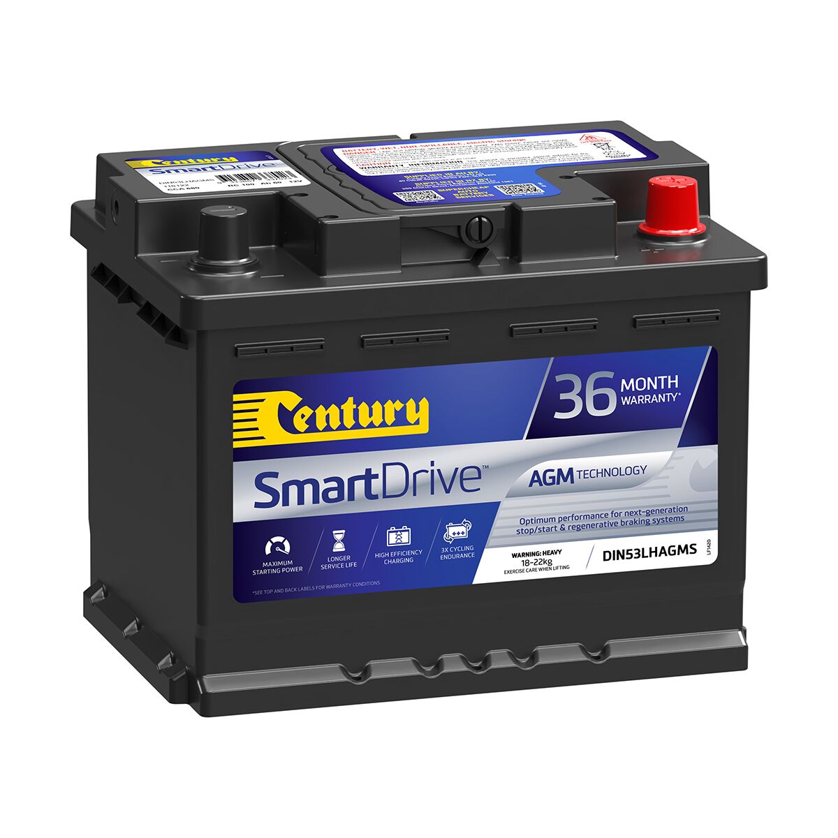 Century SmartDrive DIN53LHAGMS Car Battery ISS Stop/Start AGM, Maintenance Free, 680CCA, , scaau_hi-res