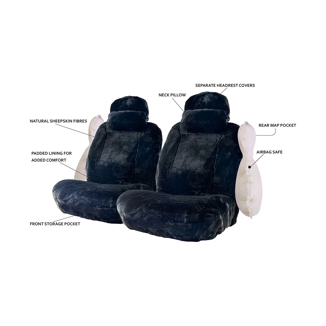 Platinum CLOUDLUX Sheepskin Seat Covers - Black Adjustable Headrests Size 30 Front Pair Airbag Compatible, , scaau_hi-res