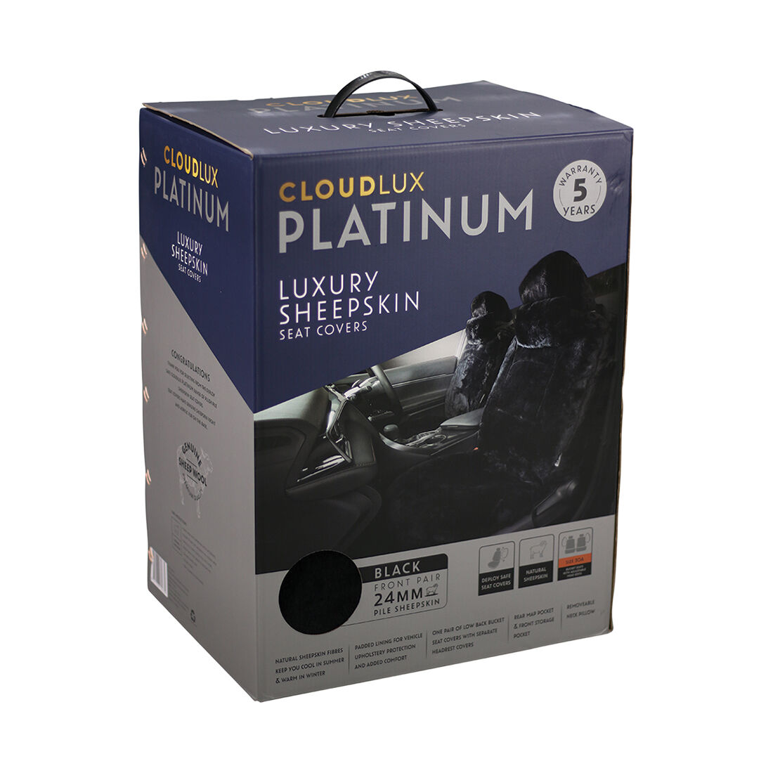 Platinum CLOUDLUX Sheepskin Seat Covers - Black Adjustable Headrests Size 30 Front Pair Airbag Compatible, , scaau_hi-res