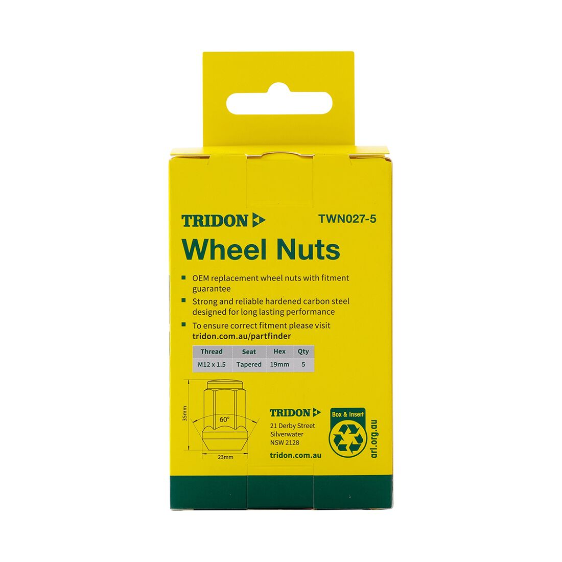 Tridon Wheel Nuts M12x1.5. Tapered Seat. 19mm Hex - 5 Pack, , scaau_hi-res
