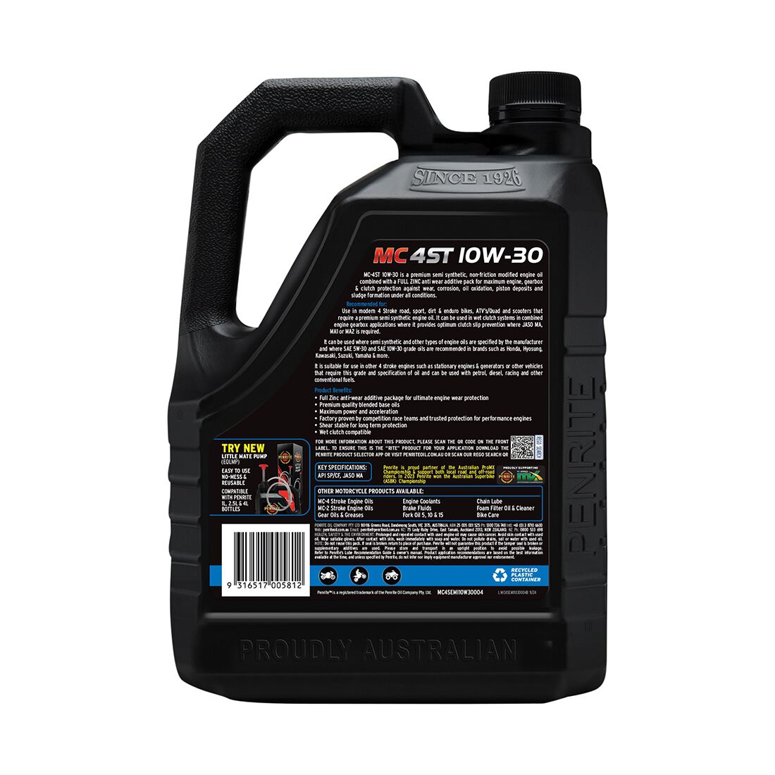 Penrite MC-4 Semi Synthetic Motorcycle Oil - 10W-30, 4 Litre, , scaau_hi-res