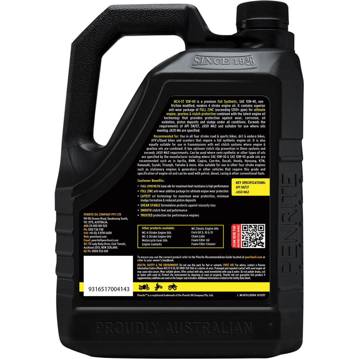 Penrite MC-4 Synthetic Motorcycle Oil - 10W-40 , 4 Litre, , scaau_hi-res