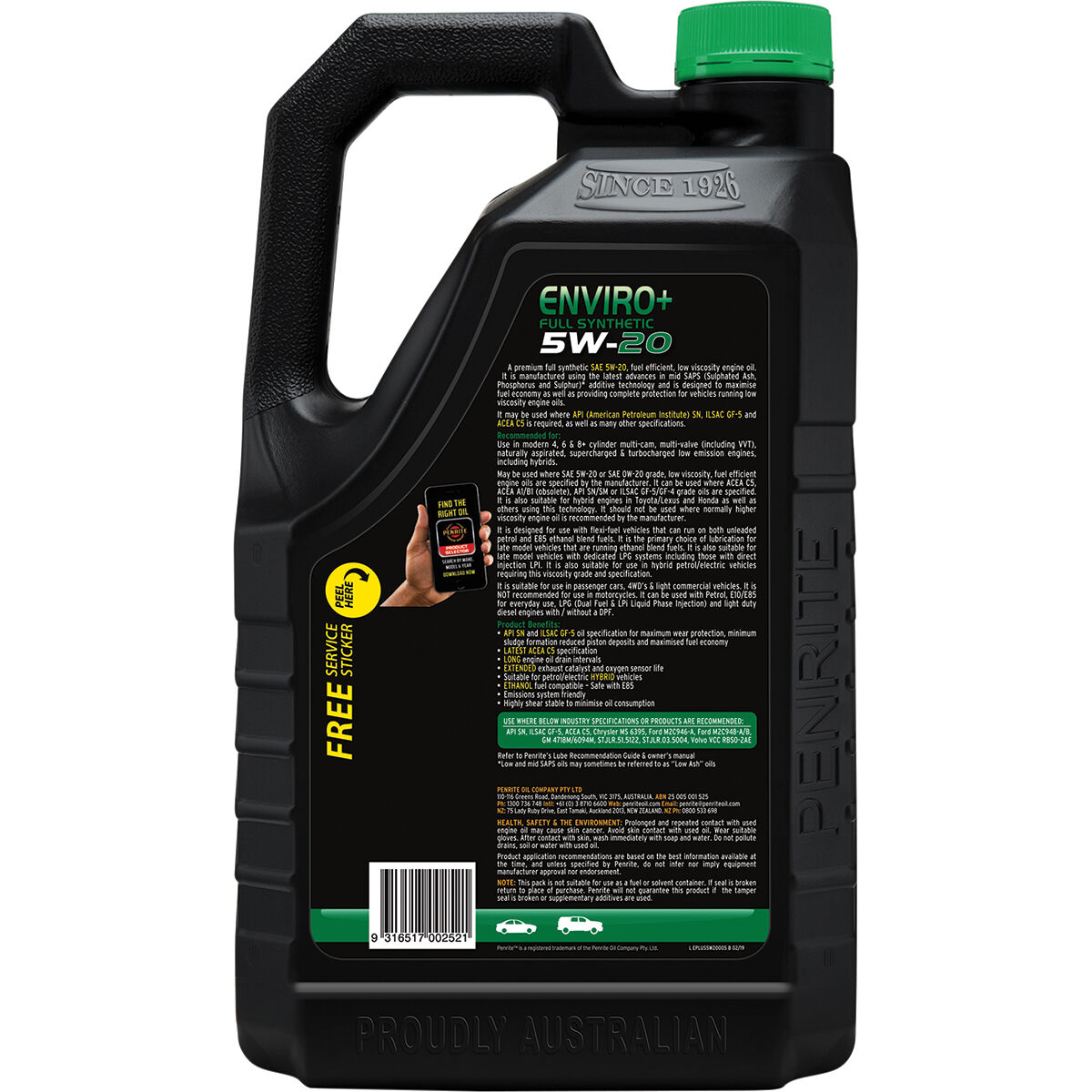 Penrite Enviro+ Engine Oil 5W-20 5 Litre, , scaau_hi-res