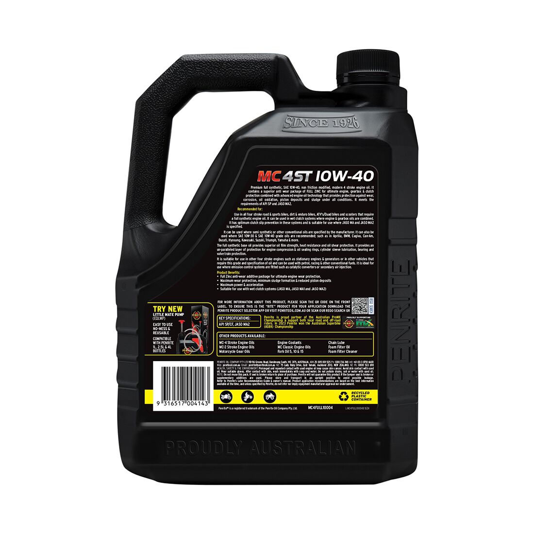 Penrite MC-4 Synthetic Motorcycle Oil - 10W-40 , 4 Litre, , scaau_hi-res