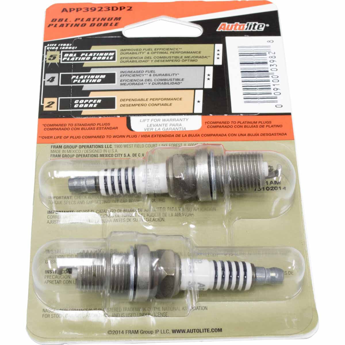 Autolite Double Platinum Spark Plug APP3923DP2 2 Pack, , scaau_hi-res