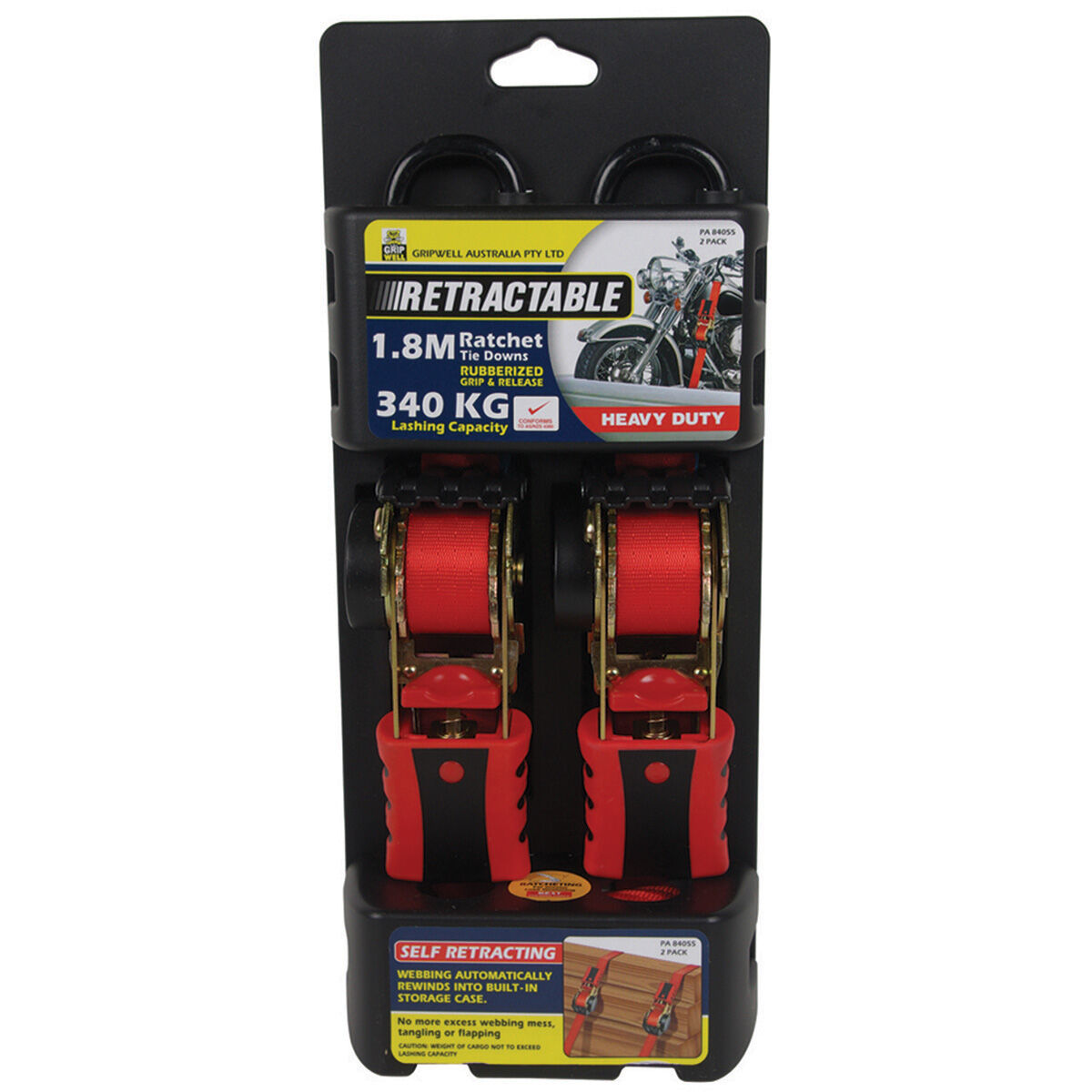 Gripwell Ratchet Tie Down - Retractable, 1.8m, 340kg, 2 Pack, , scaau_hi-res