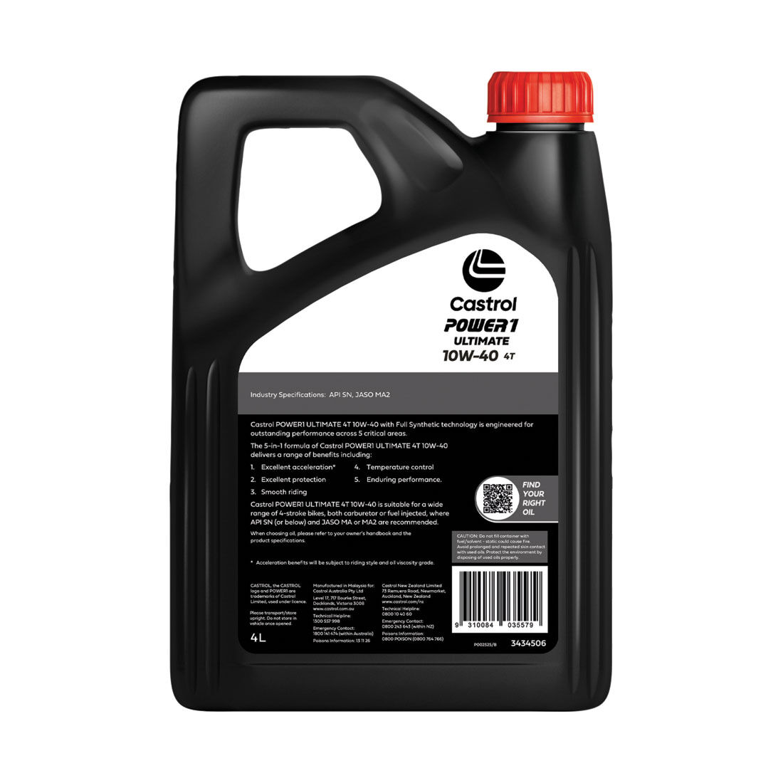 Castrol POWER 1 ULTIMATE 4T Motorcycle Oil 10W-40 4 Litre, , scaau_hi-res