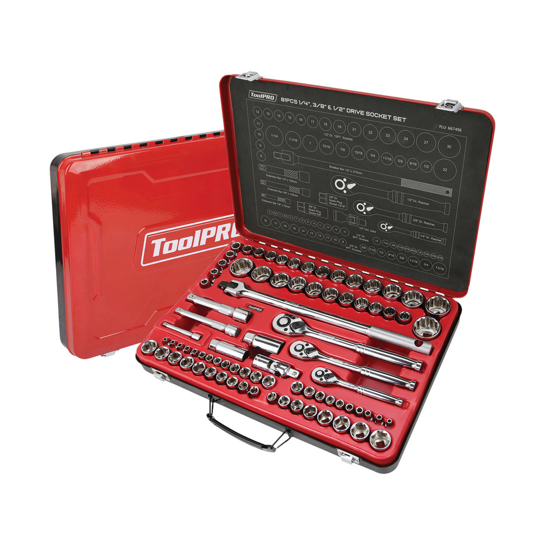 ToolPRO Socket Set 1/4, 3/8 & 1/2" Drive Metric/SAE 81 Piece, , scaau_hi-res