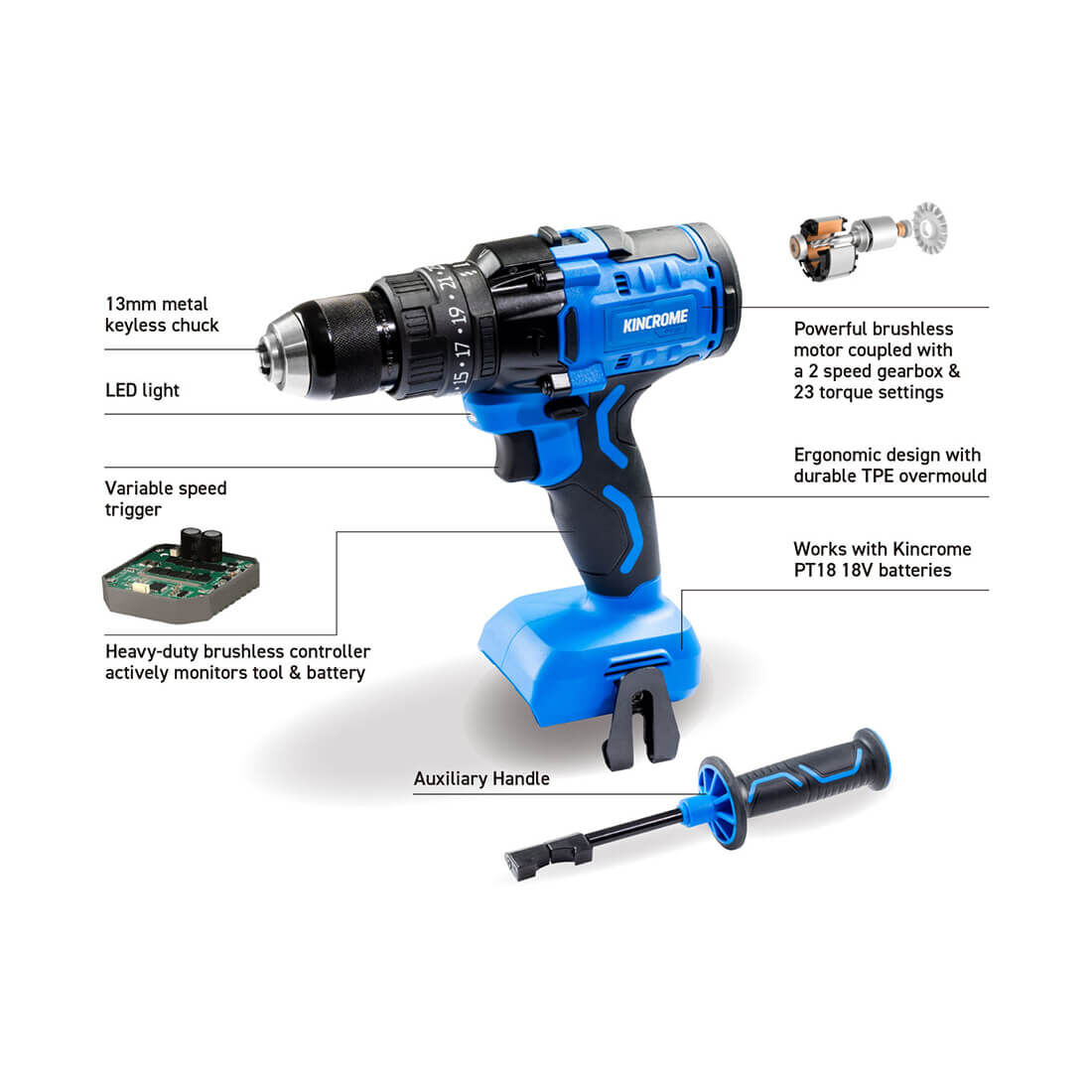 Kincrome PT18 18V Brushless Hammer Drill Kit 4.0Ah, , scaau_hi-res