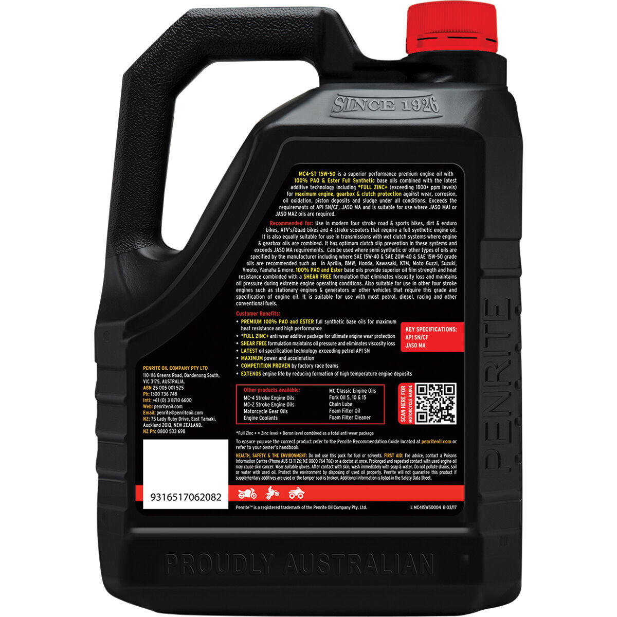 Penrite MC-4 PAO Ester Motorcycle Oil - 15W-50, 4 Litre, , scaau_hi-res