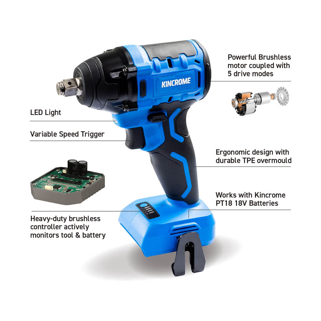 Kincrome PT18 18V Brushless 1/2" 370Nm Impact Wrench Kit 4.0Ah, , scaau_hi-res