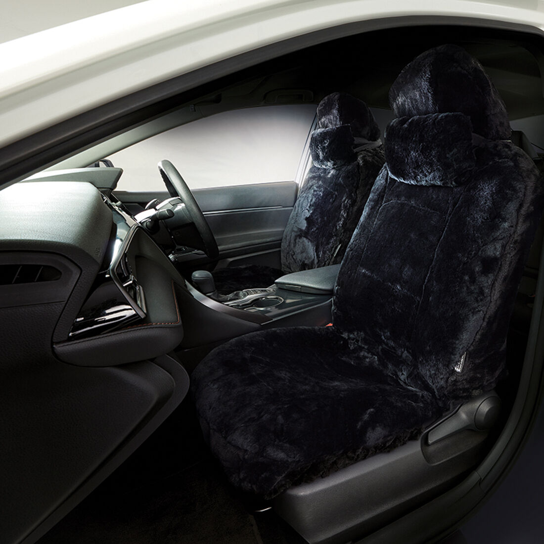 Platinum CLOUDLUX Sheepskin Seat Covers - Black Adjustable Headrests Size 30 Front Pair Airbag Compatible, , scaau_hi-res