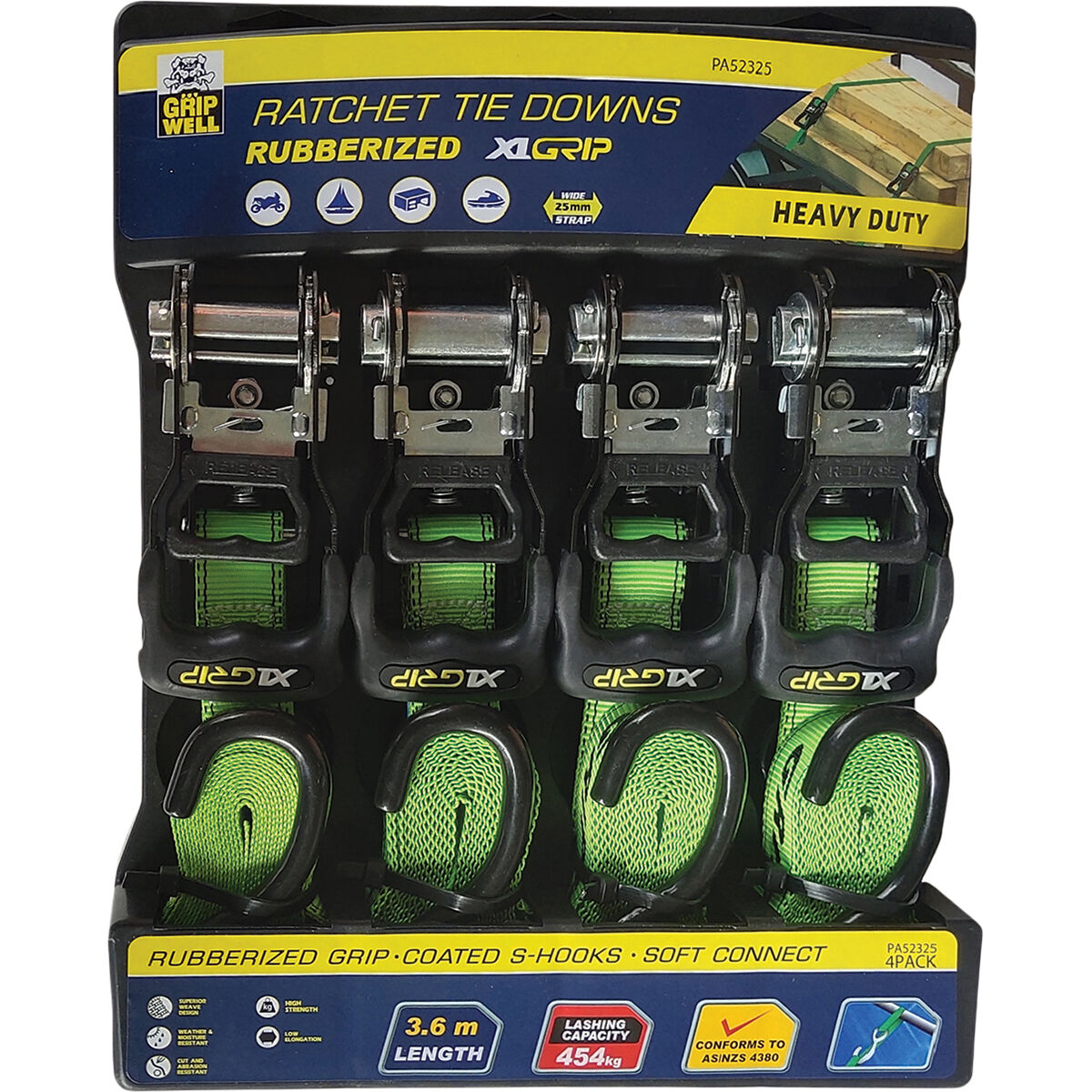 Gripwell Ratchet Tie Down - 3.6m, 454kg, 4 Pack, , scaau_hi-res
