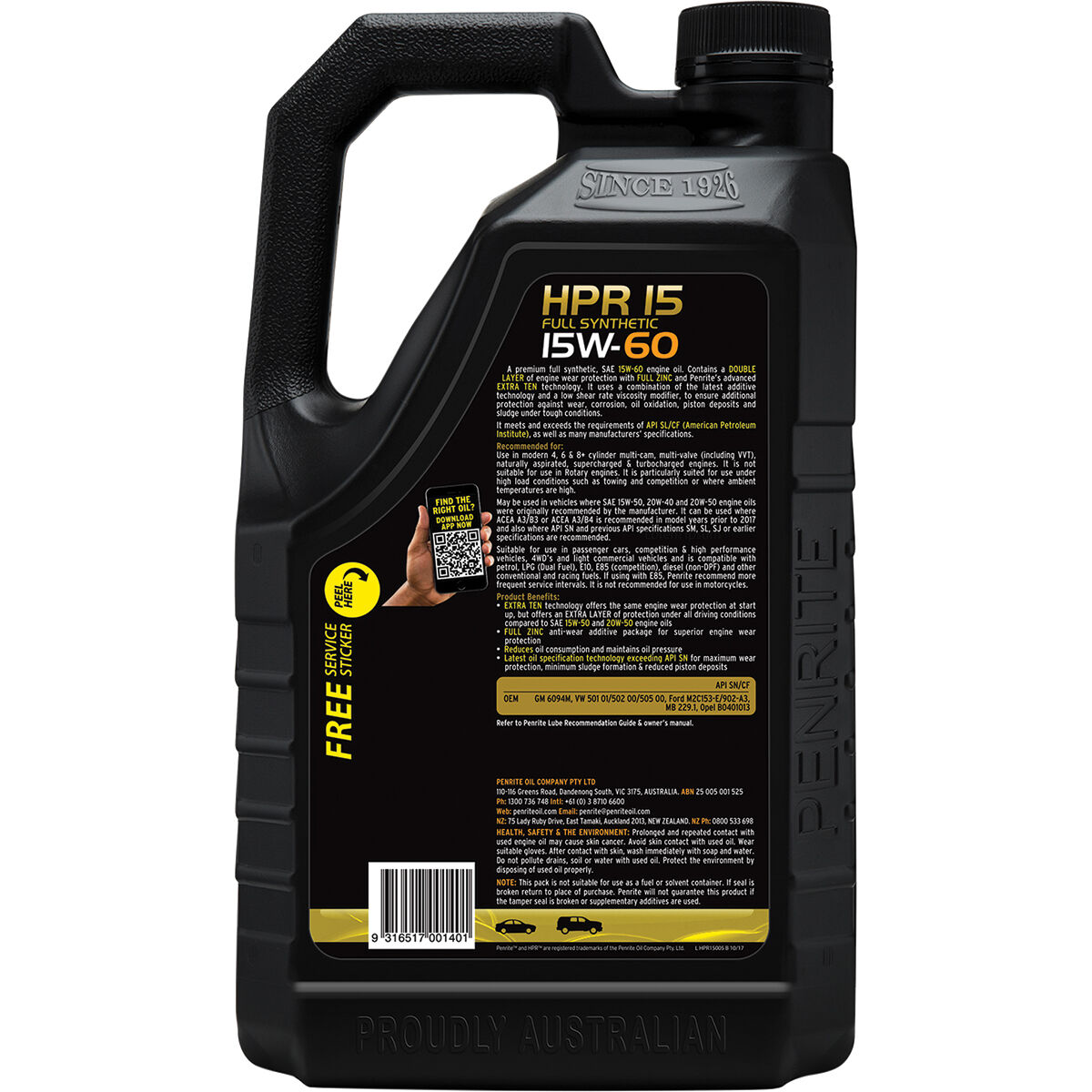 Penrite HPR 15 Engine Oil - 15W-60, 5 Litre, , scaau_hi-res