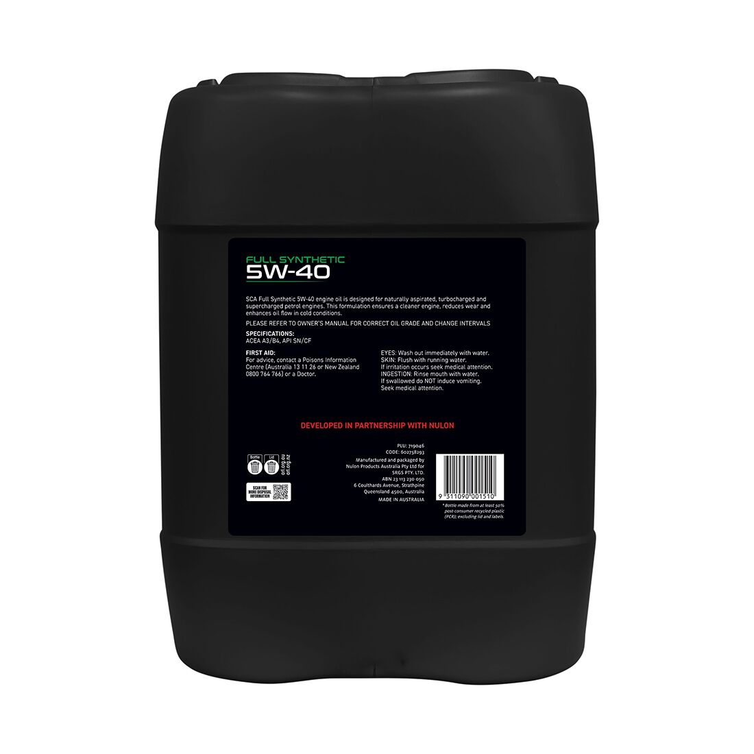 SCA Full Synthetic Engine Oil 5W-40 A3/B4 20 Litre, , scaau_hi-res