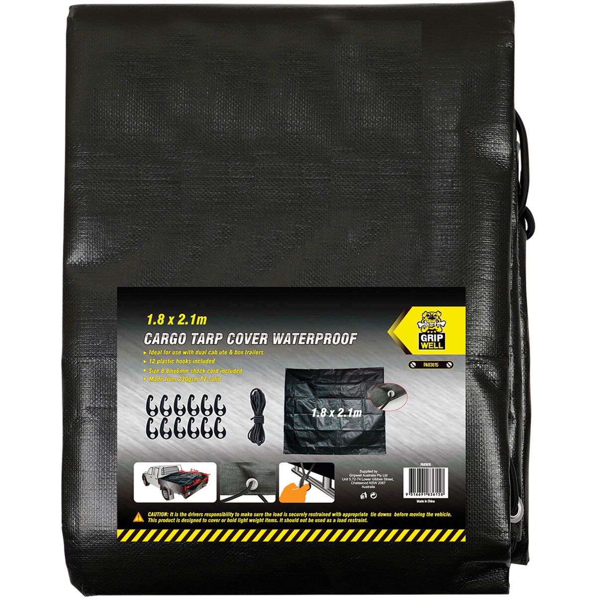 Gripwell Waterproof Cargo Tarp Cover Dual Cab 1.8m x 2.1m, , scaau_hi-res