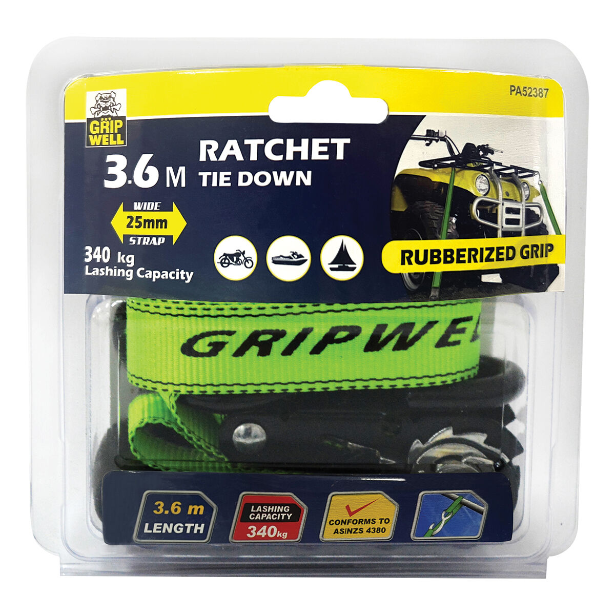 Gripwell Ratchet Tie Down Heavy Duty XL 340kg 25mm X 3.6m, , scaau_hi-res
