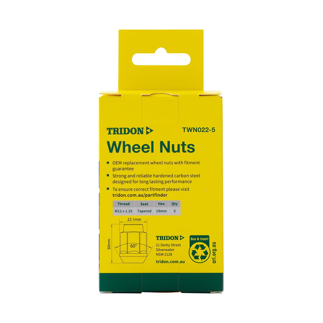Tridon Wheel Nuts M12x1.25. Tapered Seat. 19mm Hex - 5 Pack, , scaau_hi-res