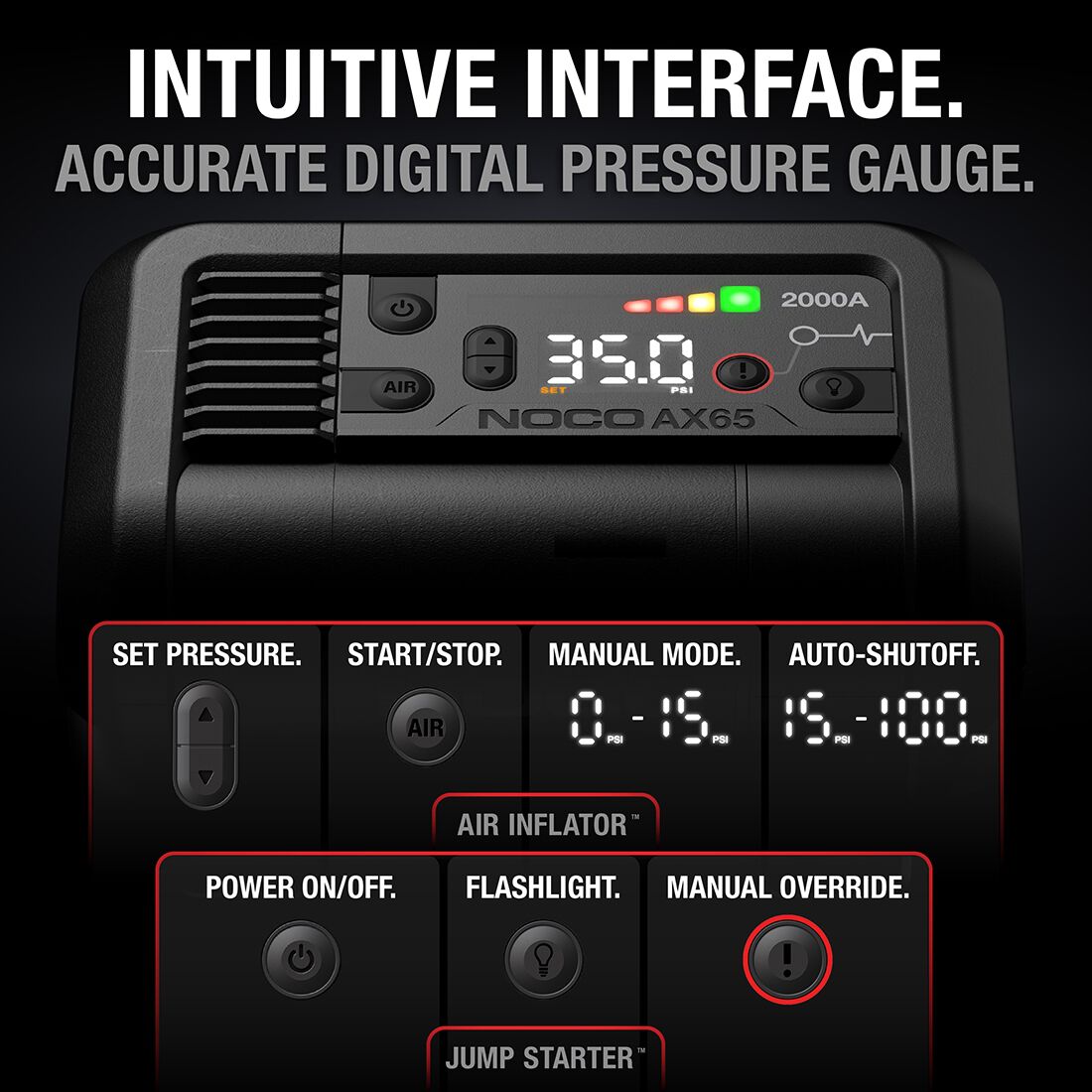 NOCO 12V 2000A Jump Starter With Built-In 100PSI Air Compressor & 100 Lumen LED Flashlight - AX65, , scaau_hi-res