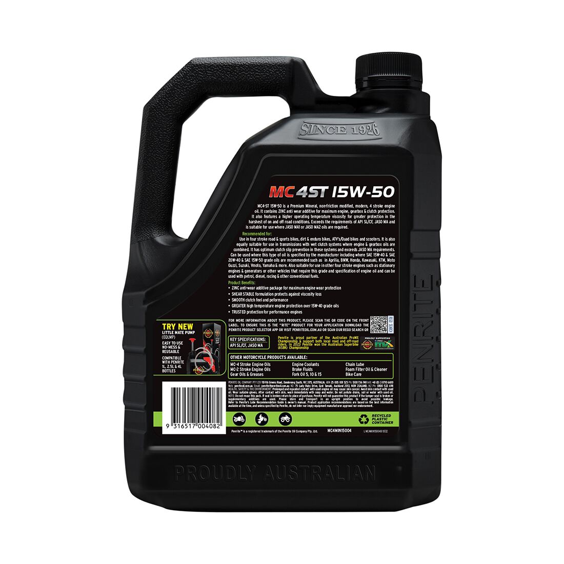 Penrite MC-4 Motorcycle Oil - 15W-50, 4 Litre, , scaau_hi-res