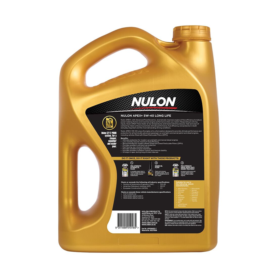 Nulon Full Synthetic Apex+ Long Life Engine Oil 5W-40 7 Litre, , scaau_hi-res